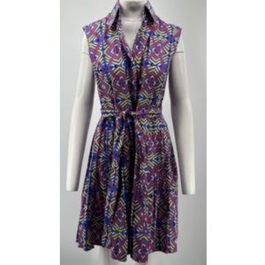 Eliza Christoph Blue Sleeveless Pleated Belted Multicolor Print Shirt Dress sz M